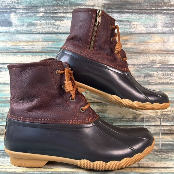 Sperry Duck Boot Womens Saltwater Sz 8.5 Brown Leather Rubber Ankle Winter Rain - Picture 1 of 11